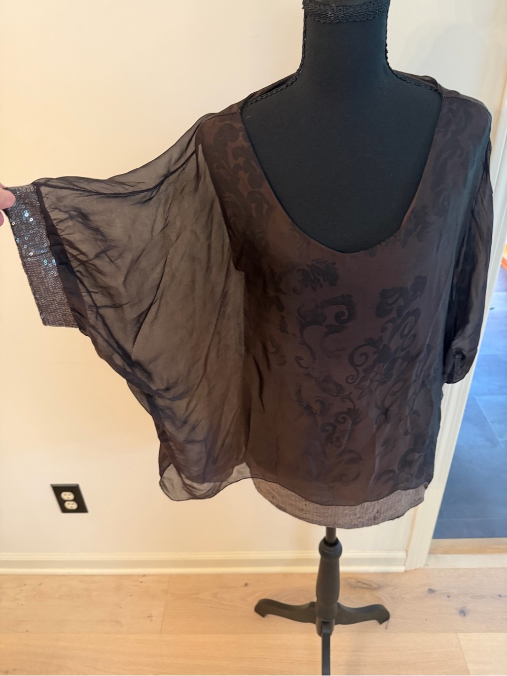 Tempo Paris Brown Silk Blend Sheer Floral Blouse with Sequined Sleeve and Hem L